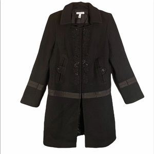 Sigrid Olsen Black Textured Pea Coat with Ribbon Trim